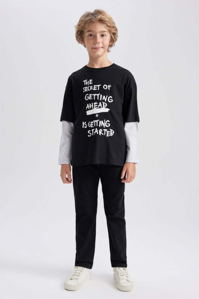 GARÇONS Noir T-Shirt Coupe Oversize Col Rond à Manches Longues Pour Garçon