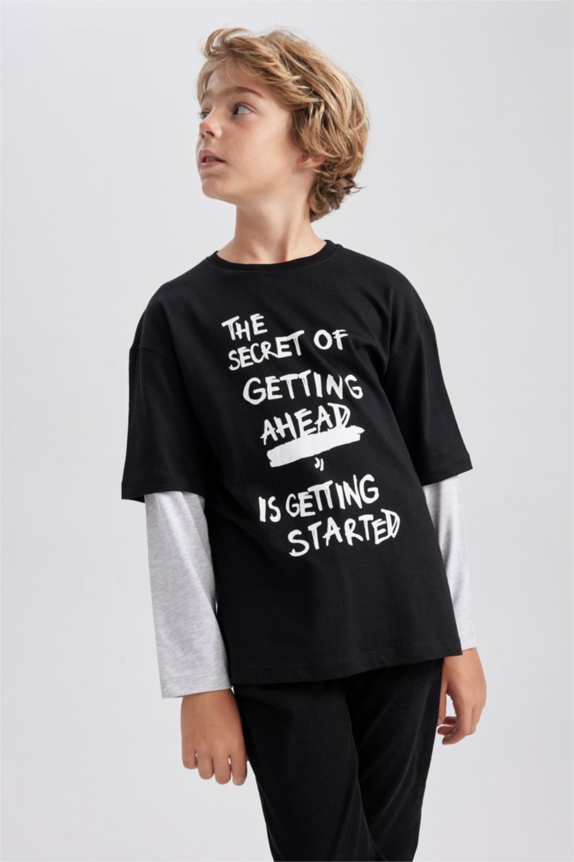 GARÇONS Noir T-Shirt Coupe Oversize Col Rond à Manches Longues Pour Garçon