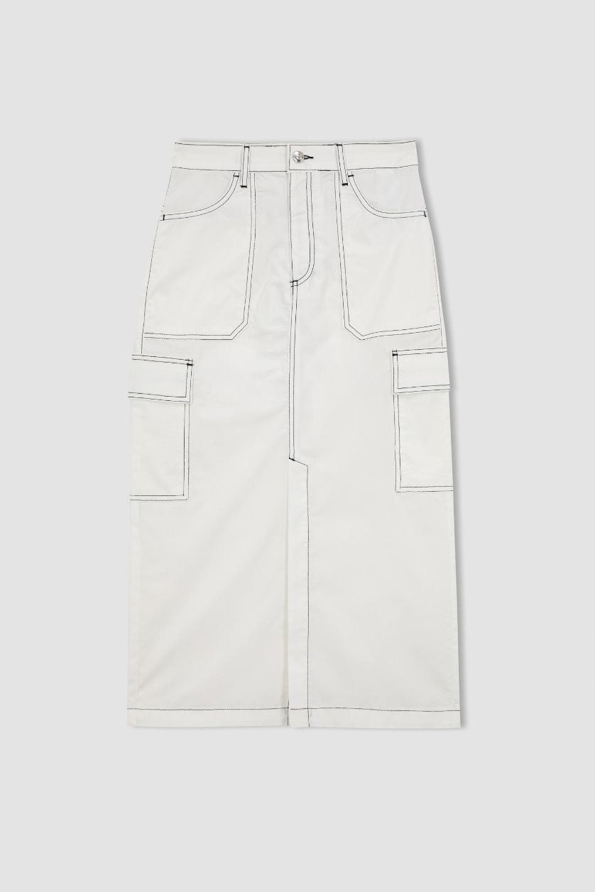 Woman White Coool Cargo Fit Poplin Midi Skirt