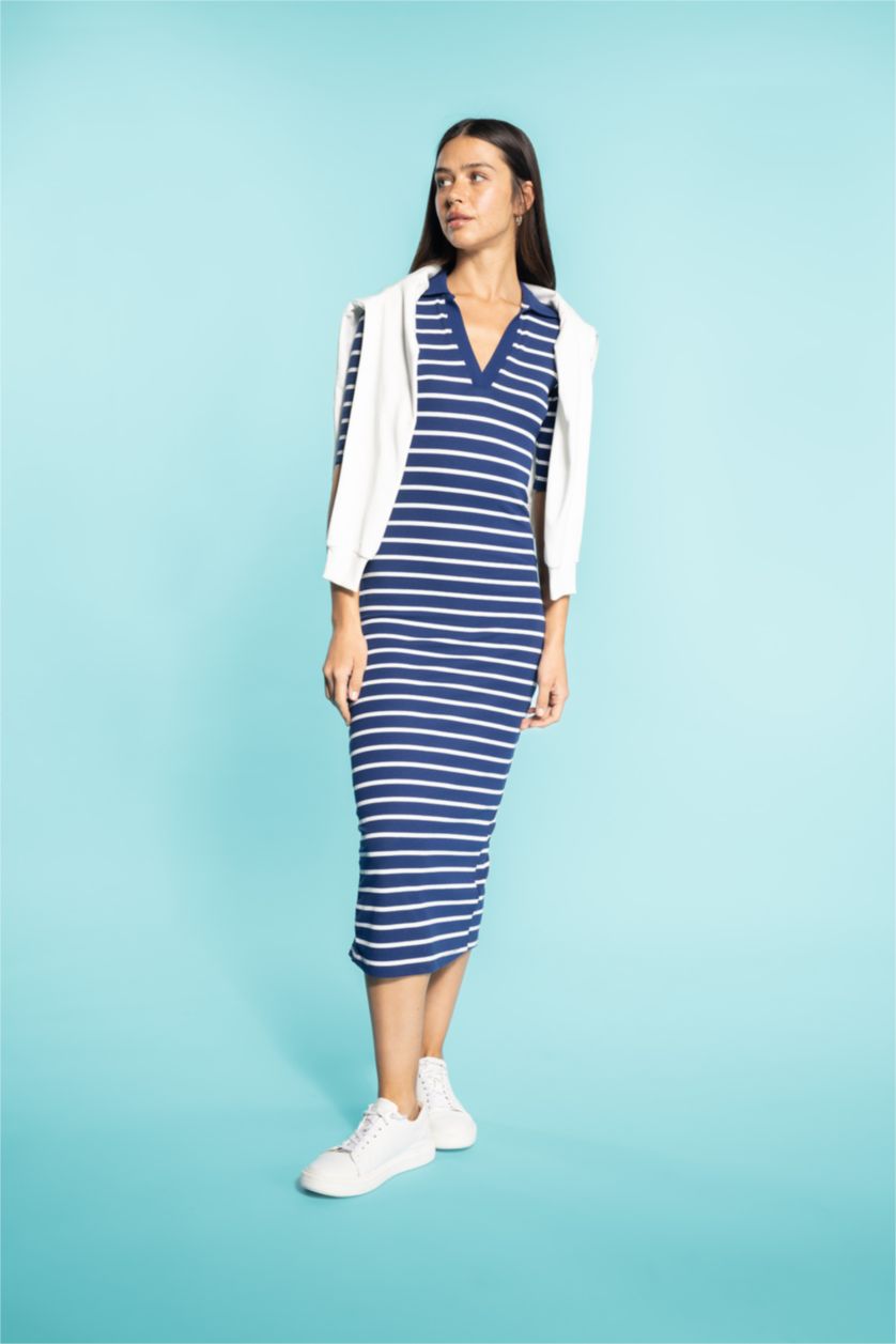 Женщины Синий Платье миди в полоску с поло воротником