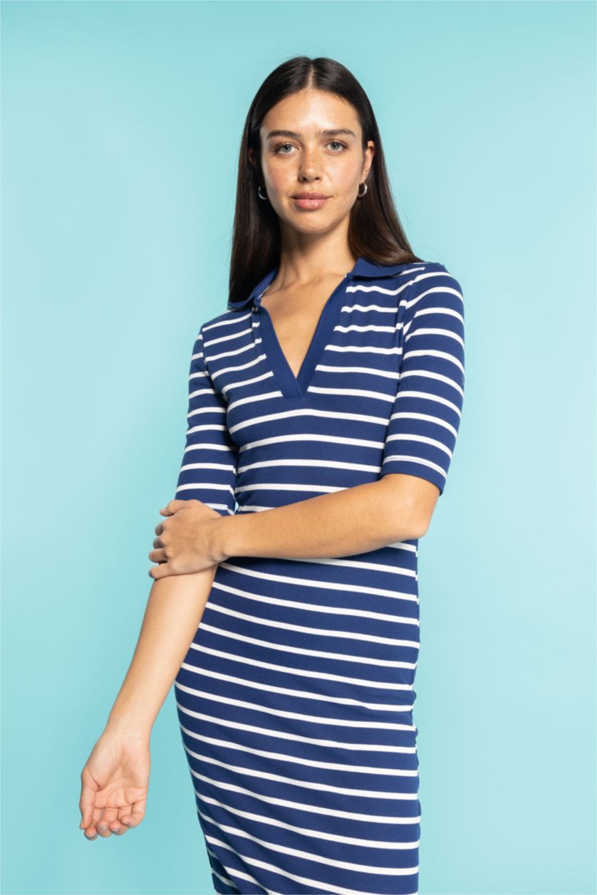 Женщины Синий Платье миди в полоску с поло воротником