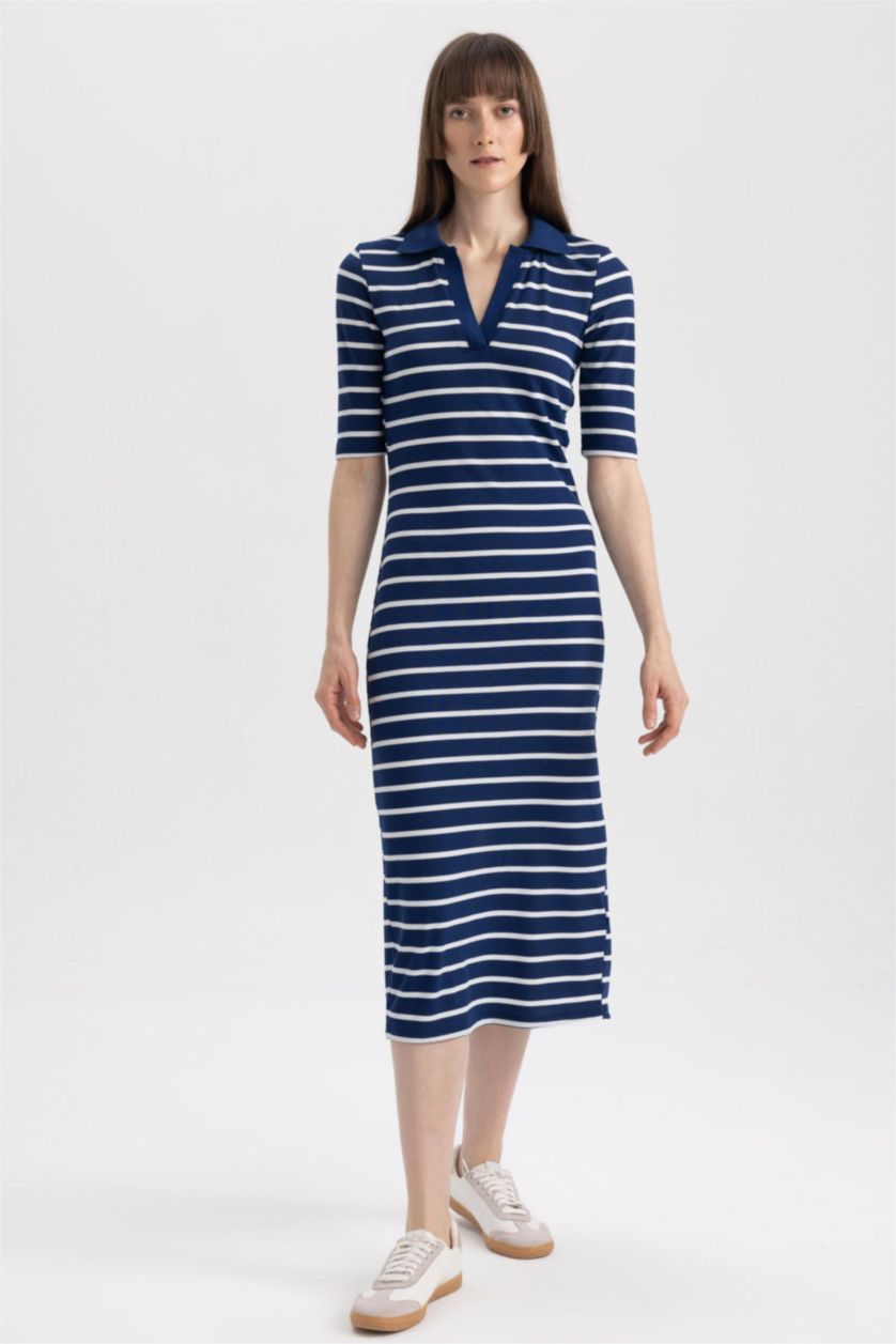 Женщины Синий Платье миди в полоску с поло воротником