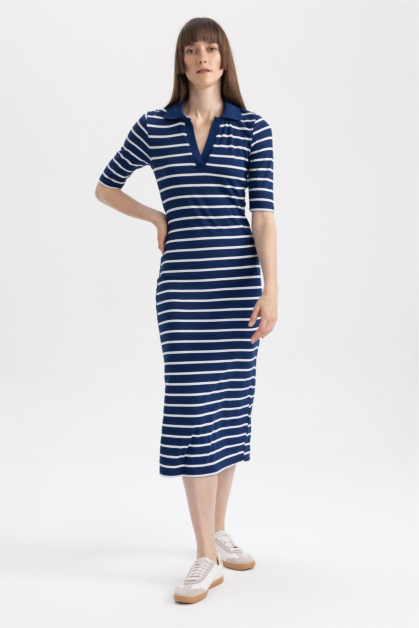 Женщины Синий Платье миди в полоску с поло воротником