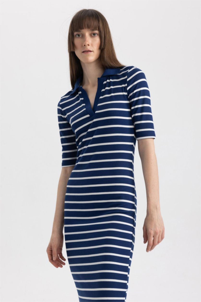 Женщины Синий Платье миди в полоску с поло воротником