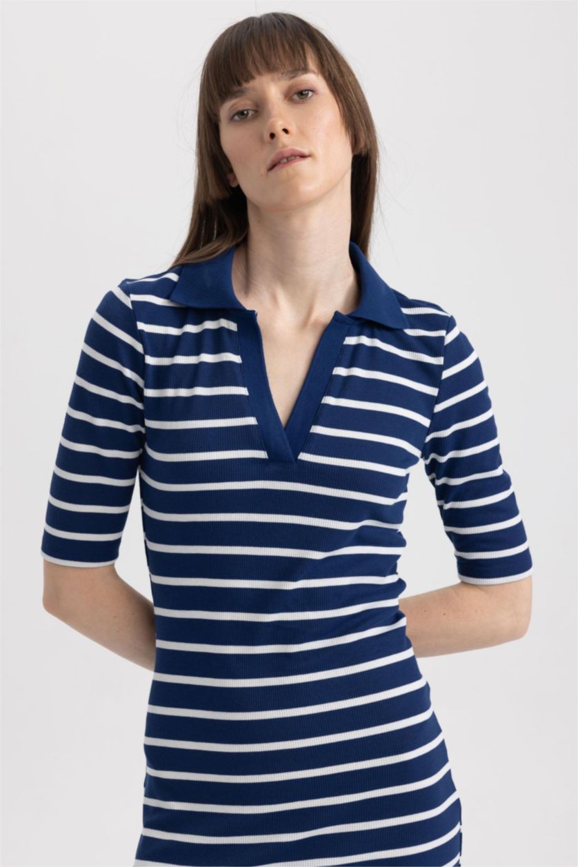 Женщины Синий Платье миди в полоску с поло воротником