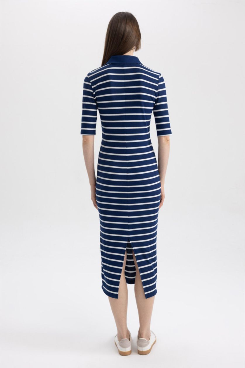 Женщины Синий Платье миди в полоску с поло воротником