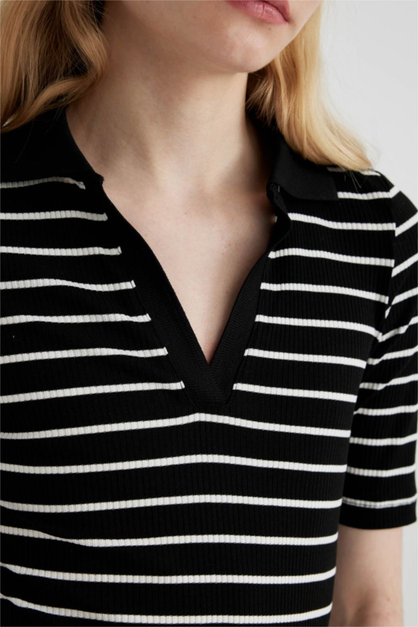 FEMME Noir Robe Midi Moulante Col Polo Rayée et Côtelée à Manches Courtes