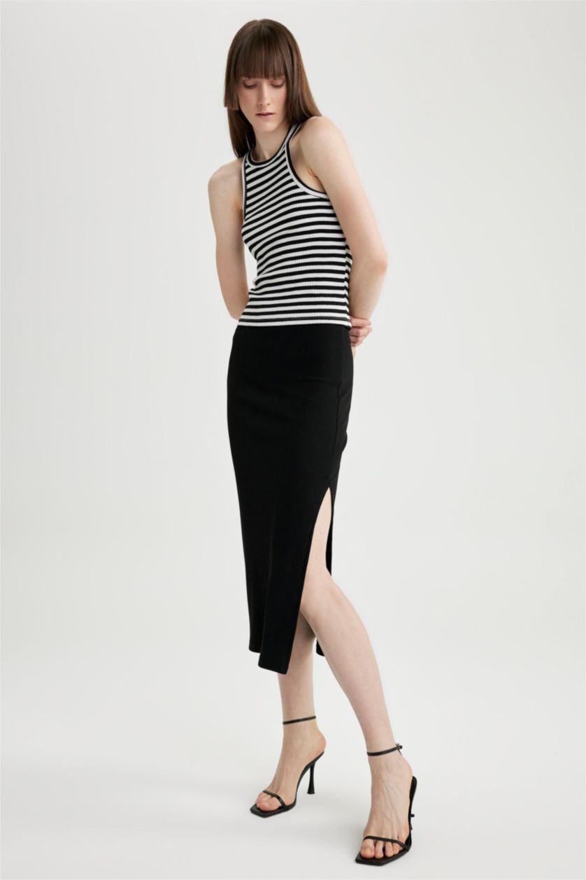 نساء أسود تنورة ميدي مضلع قصة مستقيمة بخصر عادي