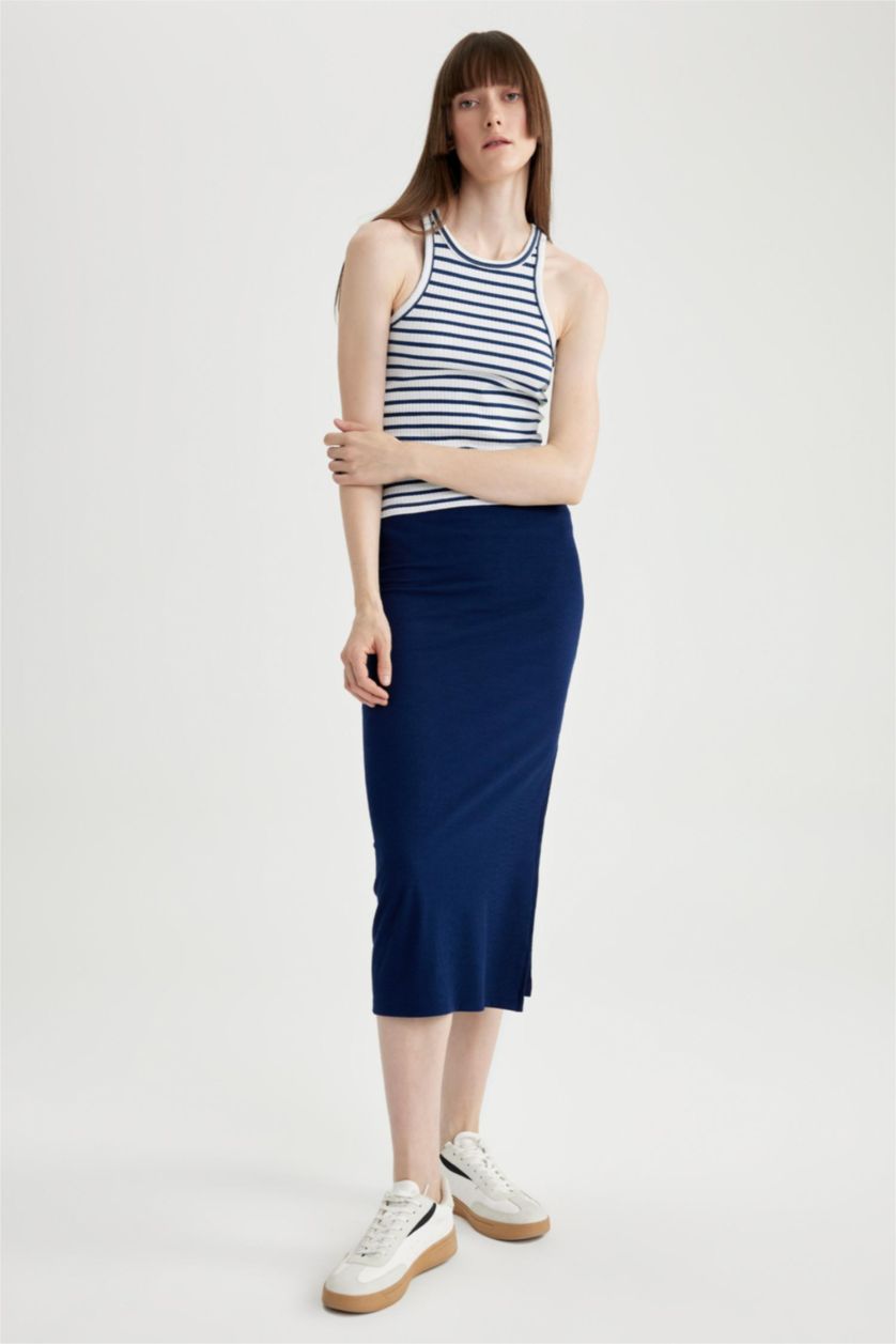 WOMAN NAVY Straight Fit Normal Waist Ribbed Camisole Midi Skirt