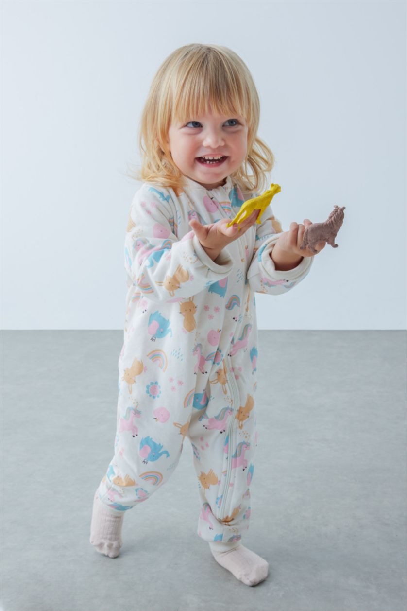 BABY GIRL Ecru Baby Girl 1 Tog Fiber Unicorn Printed Cotton Sleeping Jumpsuit