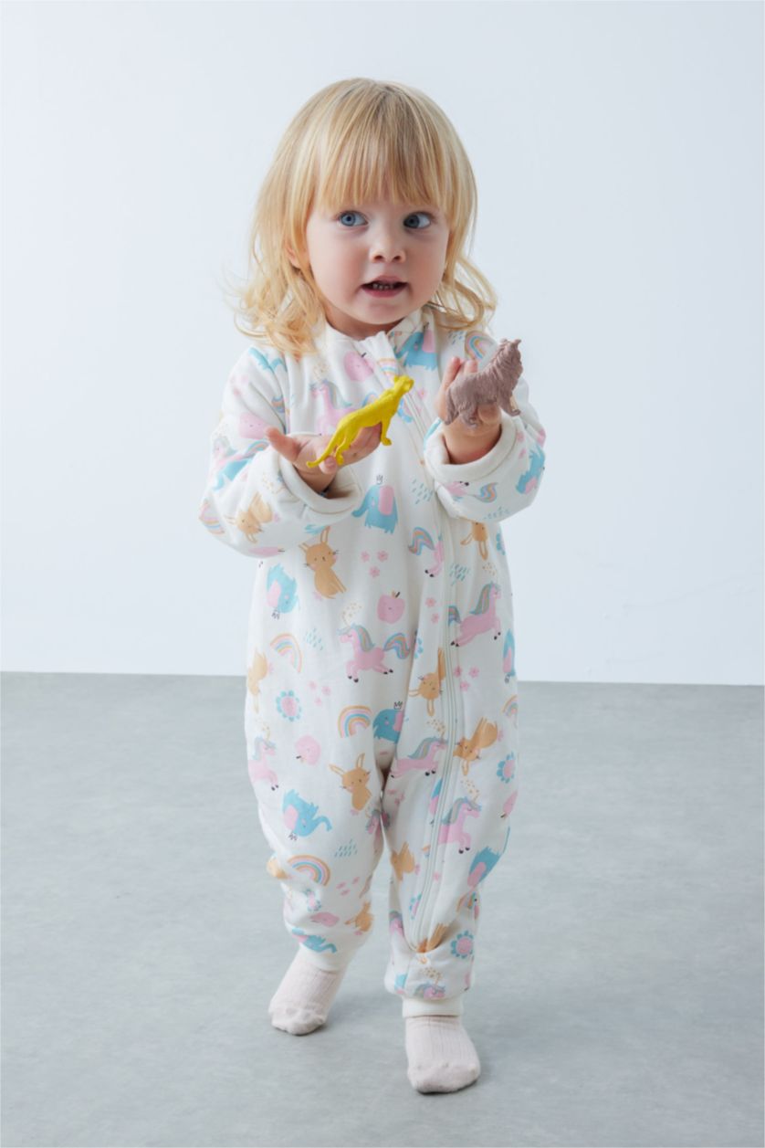 BABY GIRL Ecru Baby Girl 1 Tog Fiber Unicorn Printed Cotton Sleeping Jumpsuit