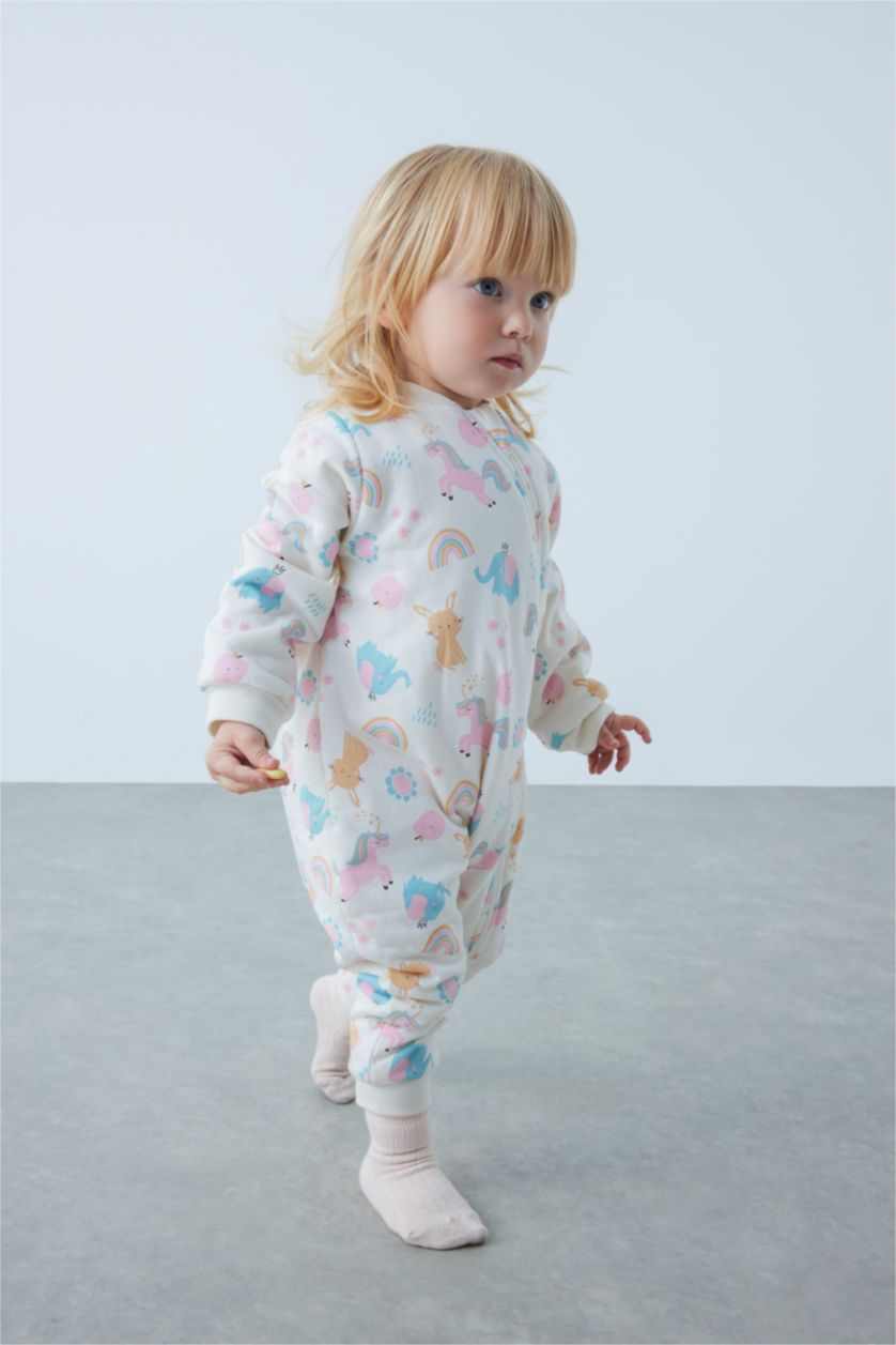 BABY GIRL Ecru Baby Girl 1 Tog Fiber Unicorn Printed Cotton Sleeping Jumpsuit