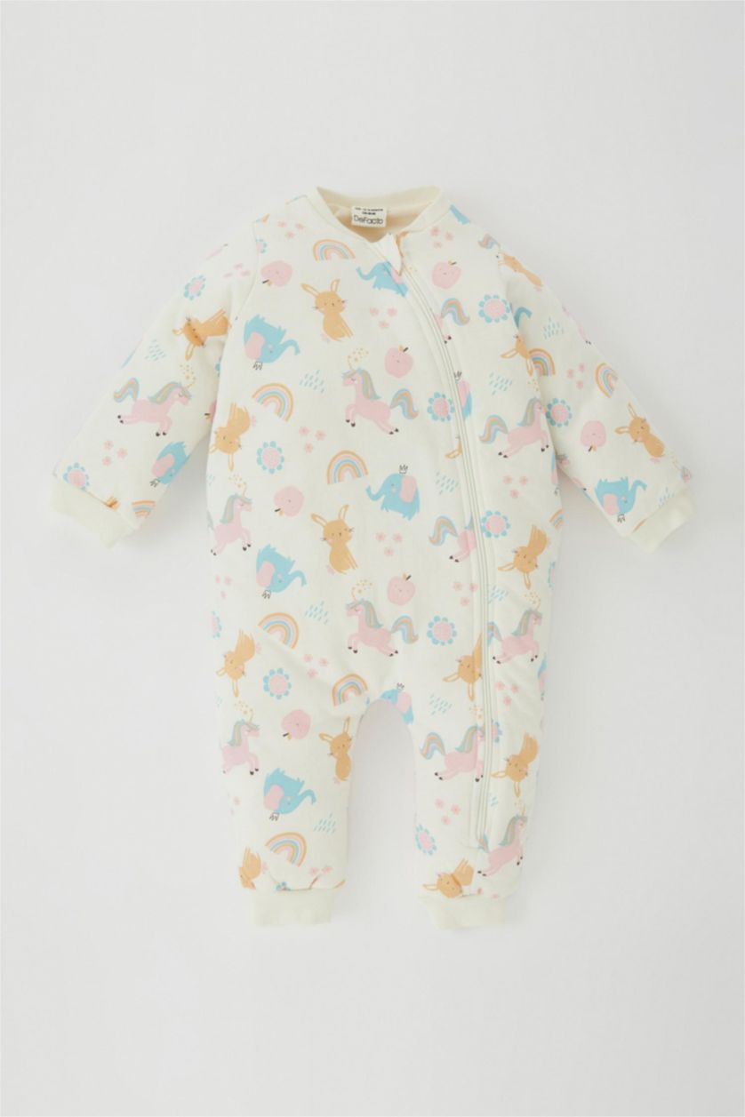 BABY GIRL Ecru Baby Girl 1 Tog Fiber Unicorn Printed Cotton Sleeping Jumpsuit