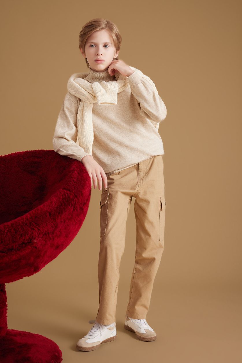 Erkek Çocuk - Genç Erkek Ekru Melanj Erkek Çocuk Bej Balıkçı Yaka Basic Düz Triko Kazak