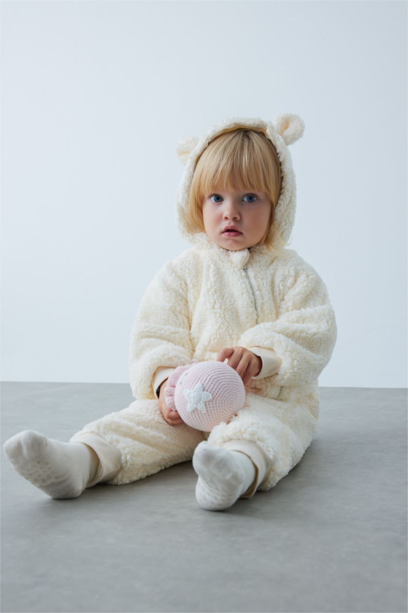 BABY GIRL Ecru Baby Girl Hooded Plush Jumpsuit