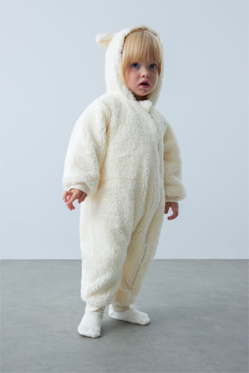BABY GIRL Ecru Baby Girl Hooded Plush Jumpsuit