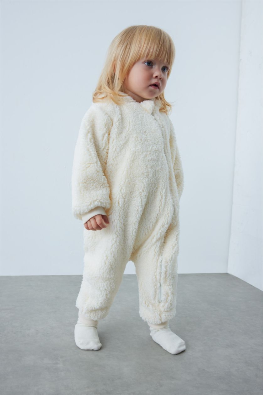 BABY GIRL Ecru Baby Girl Hooded Plush Jumpsuit