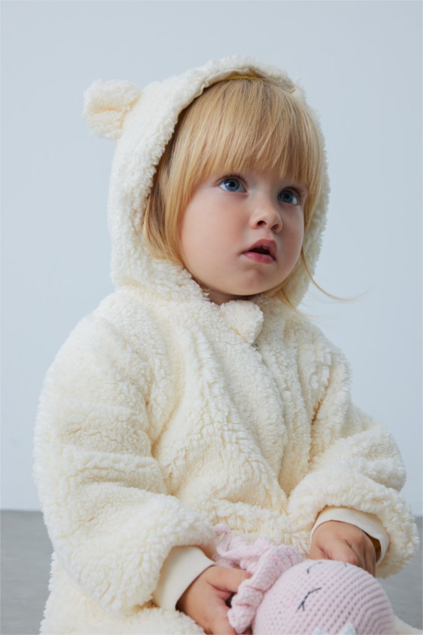 BABY GIRL Ecru Baby Girl Hooded Plush Jumpsuit
