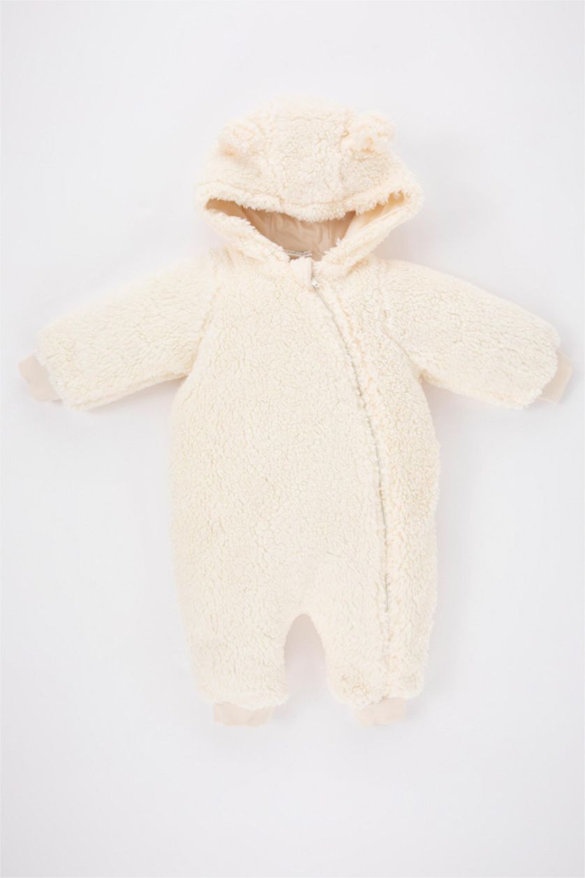BABY GIRL Ecru Baby Girl Hooded Plush Jumpsuit