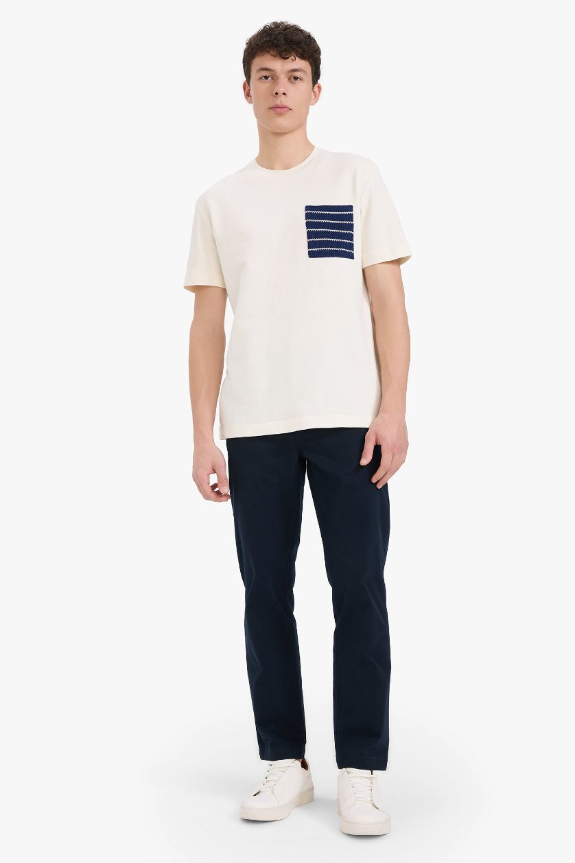 Man Ecru Regular Fit Crew Neck Short Sleeve Terry Fabric Cotton T-Shirt