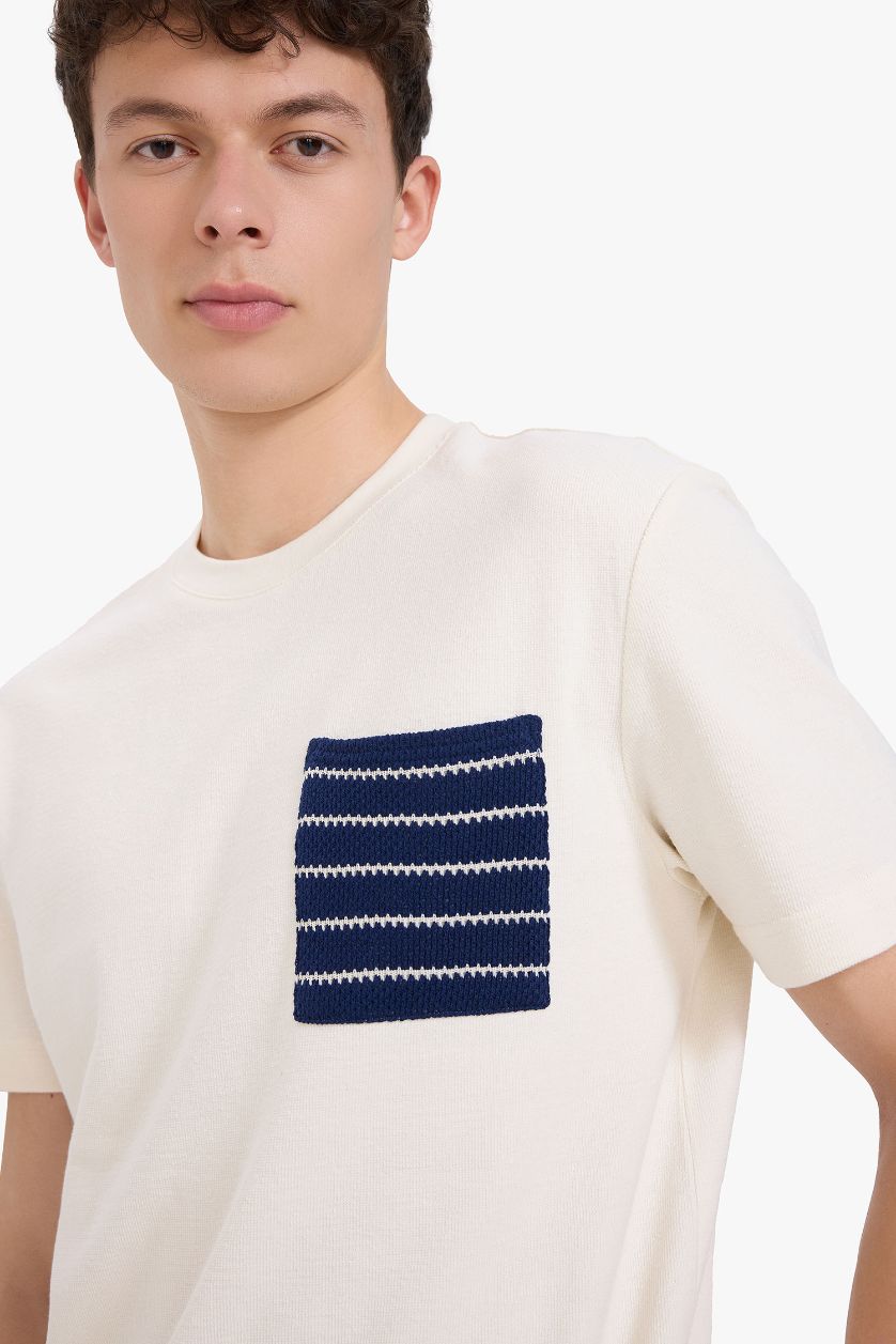 Man Ecru Regular Fit Crew Neck Short Sleeve Terry Fabric Cotton T-Shirt