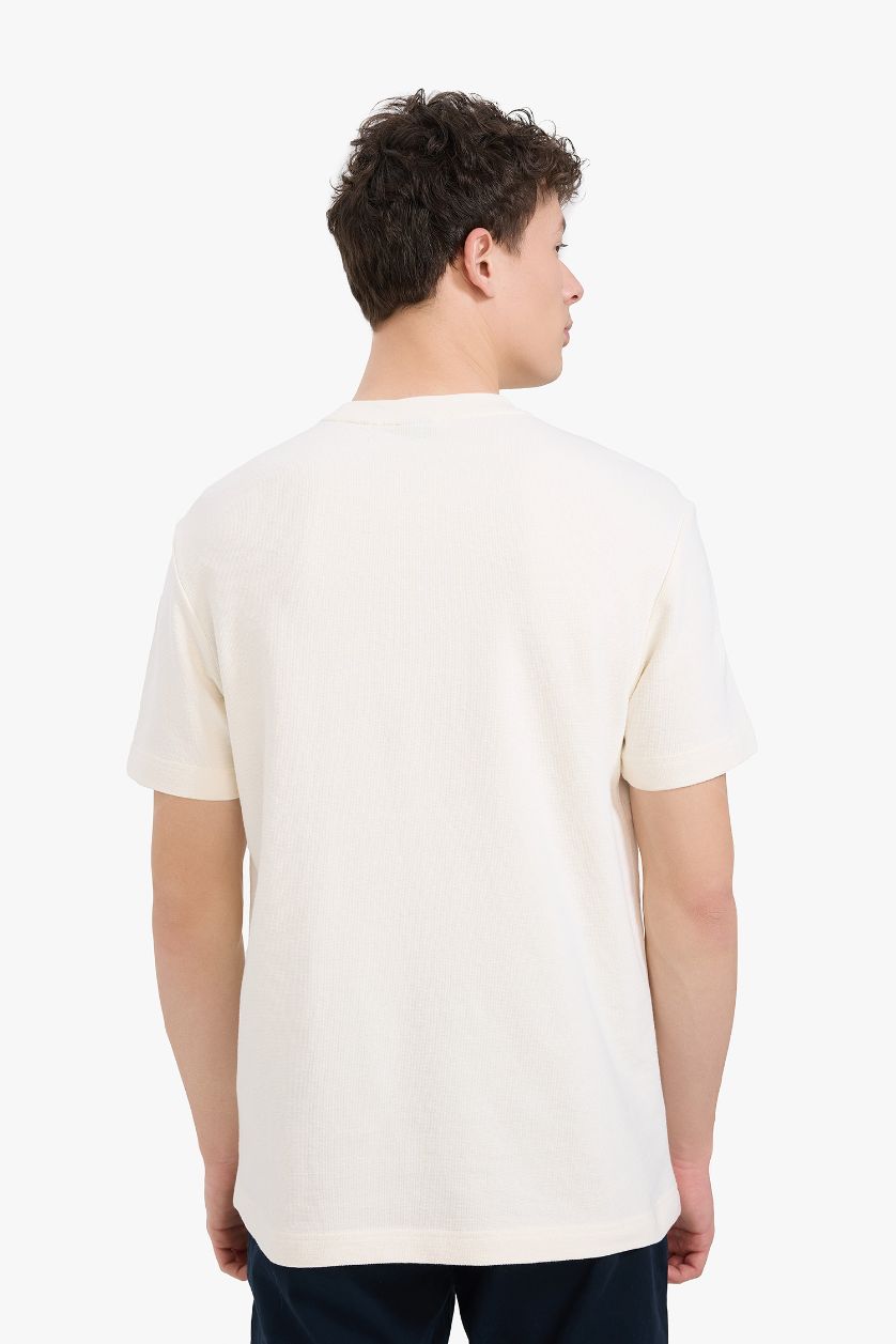 Man Ecru Regular Fit Crew Neck Short Sleeve Terry Fabric Cotton T-Shirt