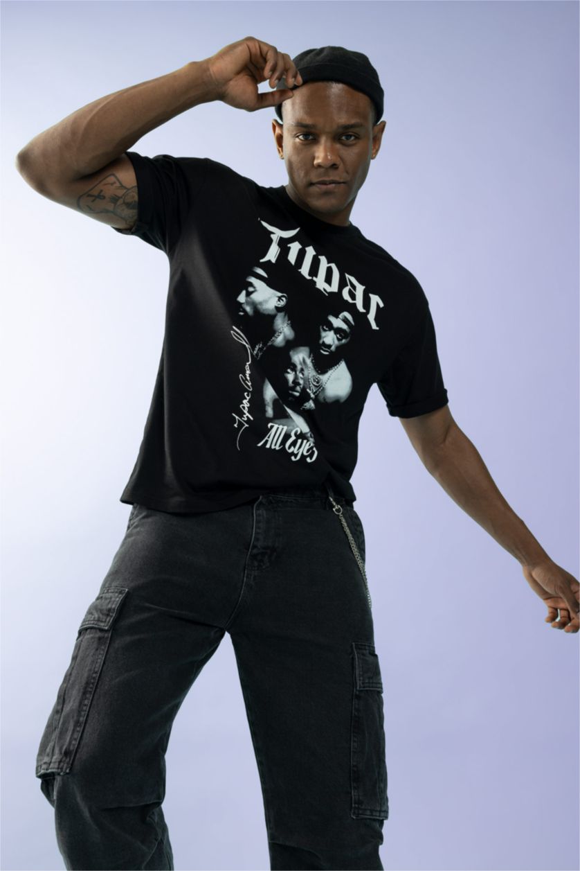 رجال أسود تي شيرت مطبوع اوفر سايز بياقة مستديرة من توباك