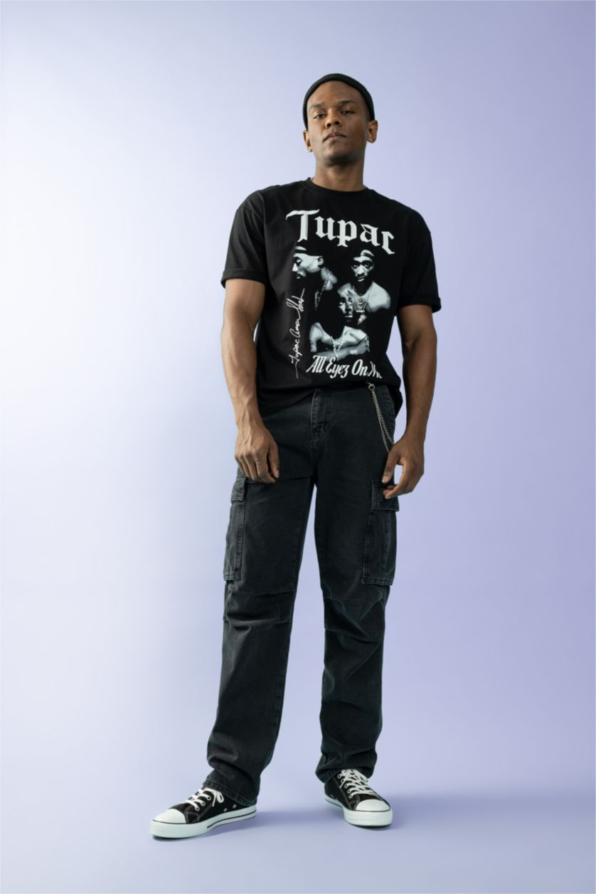 رجال أسود تي شيرت مطبوع اوفر سايز بياقة مستديرة من توباك