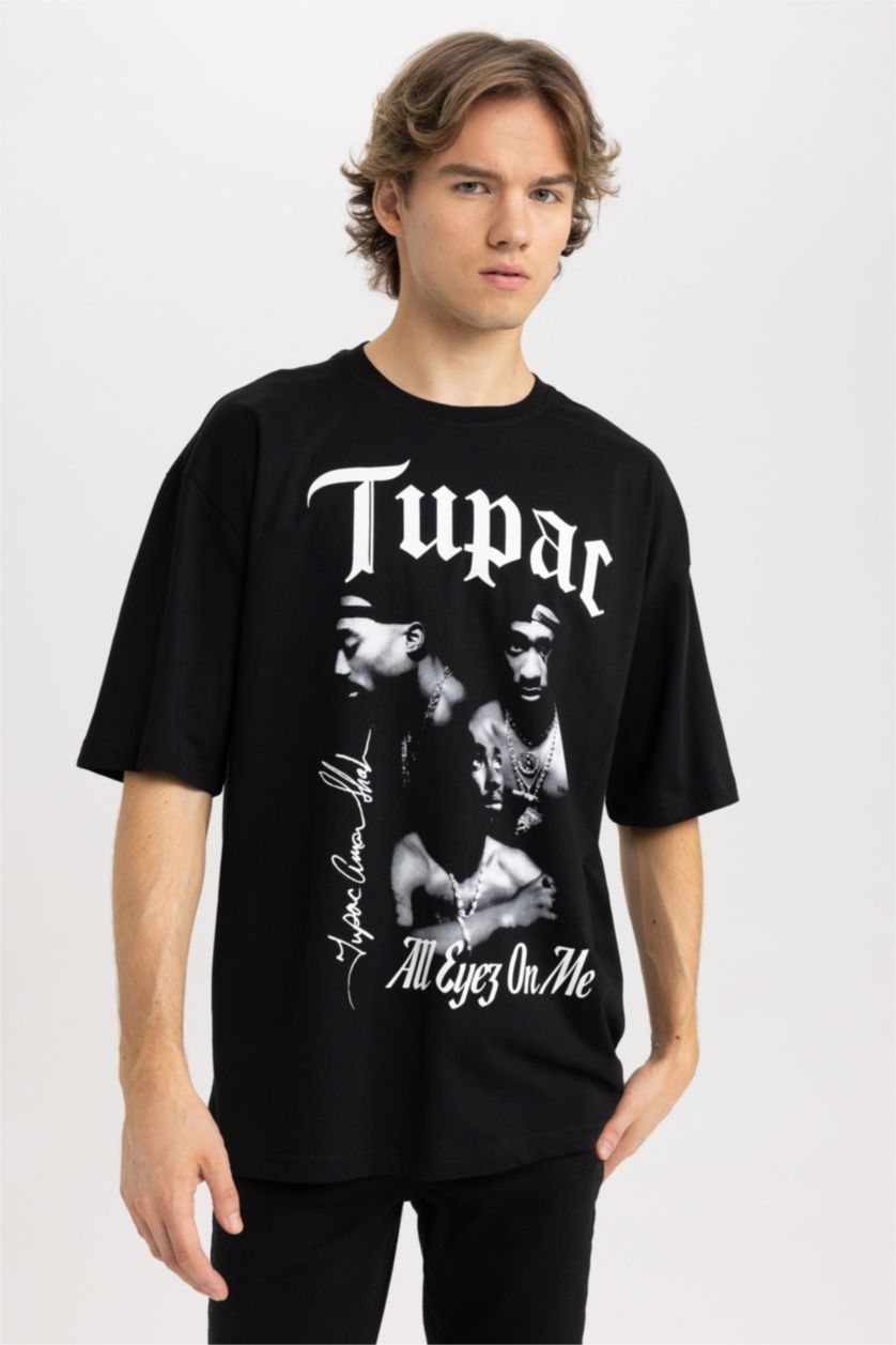 رجال أسود تي شيرت مطبوع اوفر سايز بياقة مستديرة من توباك