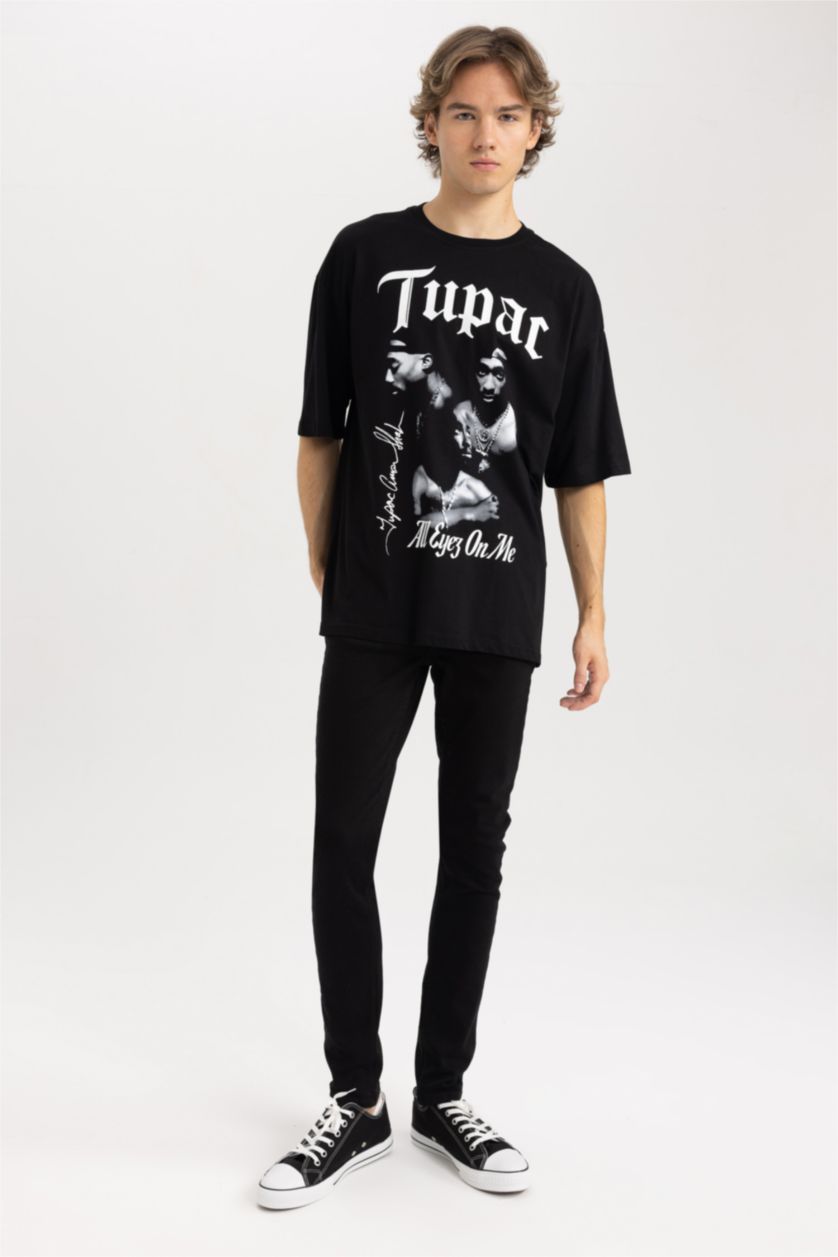 رجال أسود تي شيرت مطبوع اوفر سايز بياقة مستديرة من توباك