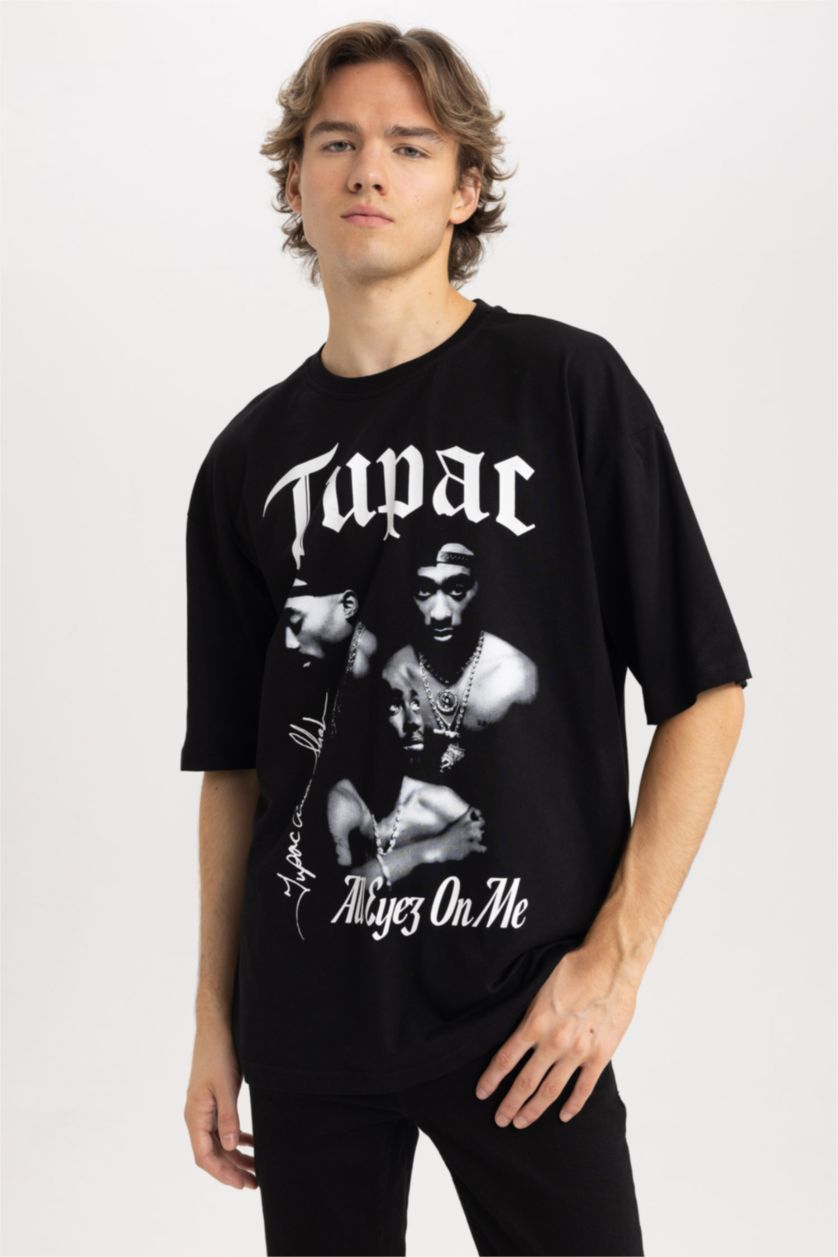 رجال أسود تي شيرت مطبوع اوفر سايز بياقة مستديرة من توباك