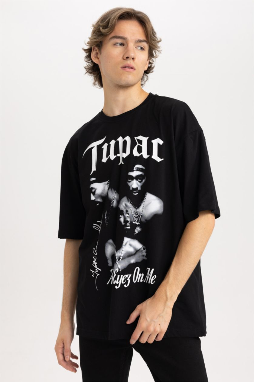 رجال أسود تي شيرت مطبوع اوفر سايز بياقة مستديرة من توباك