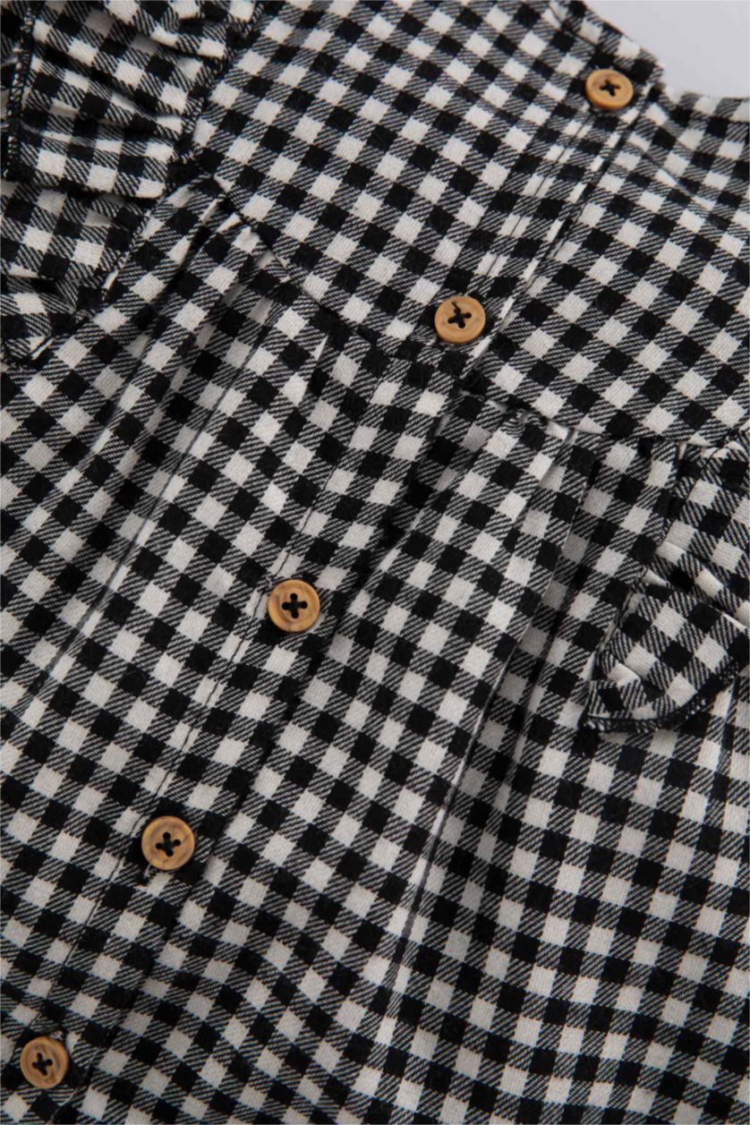 طفلة صغيرة أسود قميص كم طويل بيبي بناتي كاروهات فلانيل قصة عادية بياقة مستديرة