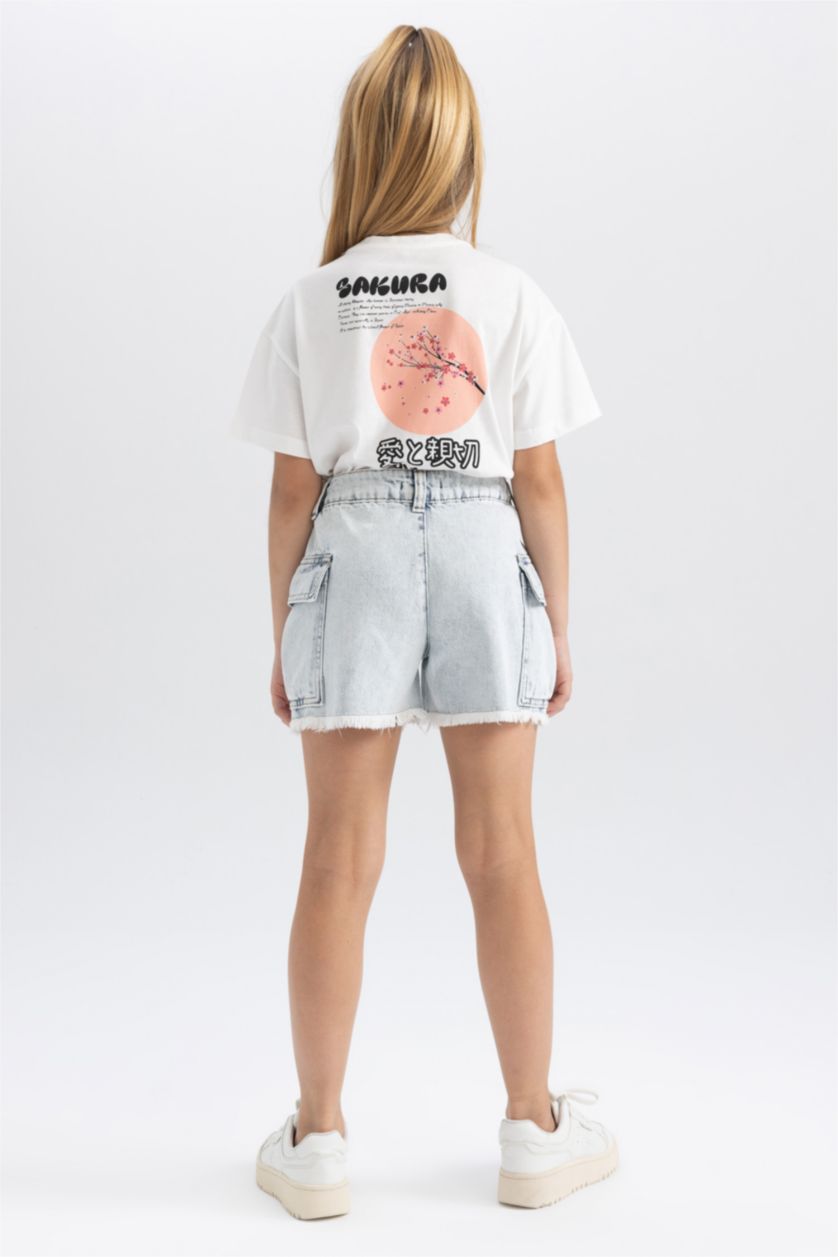 Kız Çocuk - Genç Kız Açık Mavi Kargo Fit Jean Şort Kız Çocuk