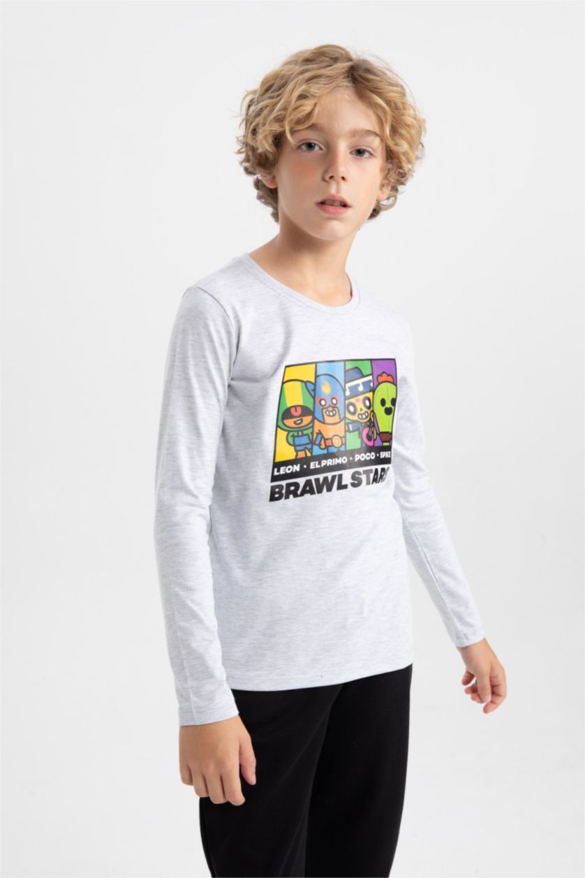 Boys & Teens Light Grey Melange Regular Fit Brawl Stars Long Sleeve T-Shirt