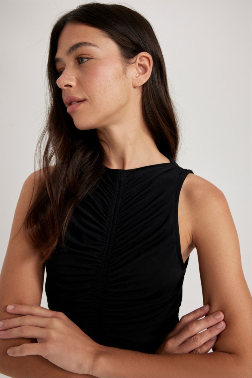 WOMAN Black Bodycon Crew Neck Sleeveless Mini Short Sleeve Dress