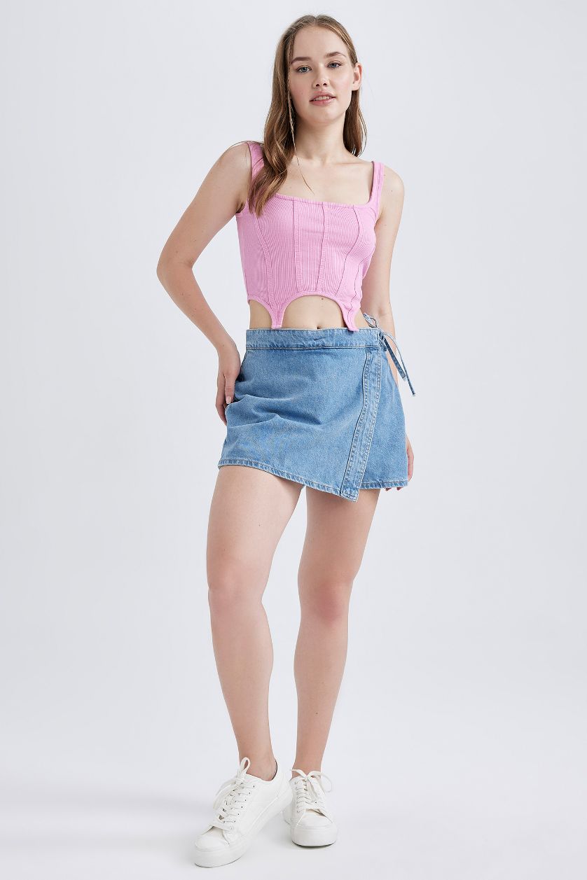 Kadın Pembe Fitted Korse Görünümlü Fitilli Kaşkorse Atlet