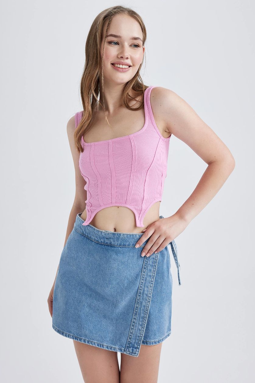 Kadın Pembe Fitted Korse Görünümlü Fitilli Kaşkorse Atlet