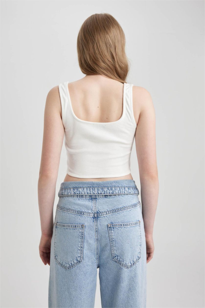 Kadın Kırık Beyaz Fitted Korse Görünümlü Fitilli Kaşkorse Atlet