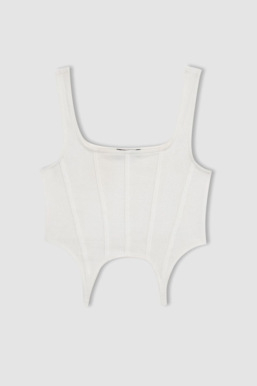 Kadın Kırık Beyaz Fitted Korse Görünümlü Fitilli Kaşkorse Atlet