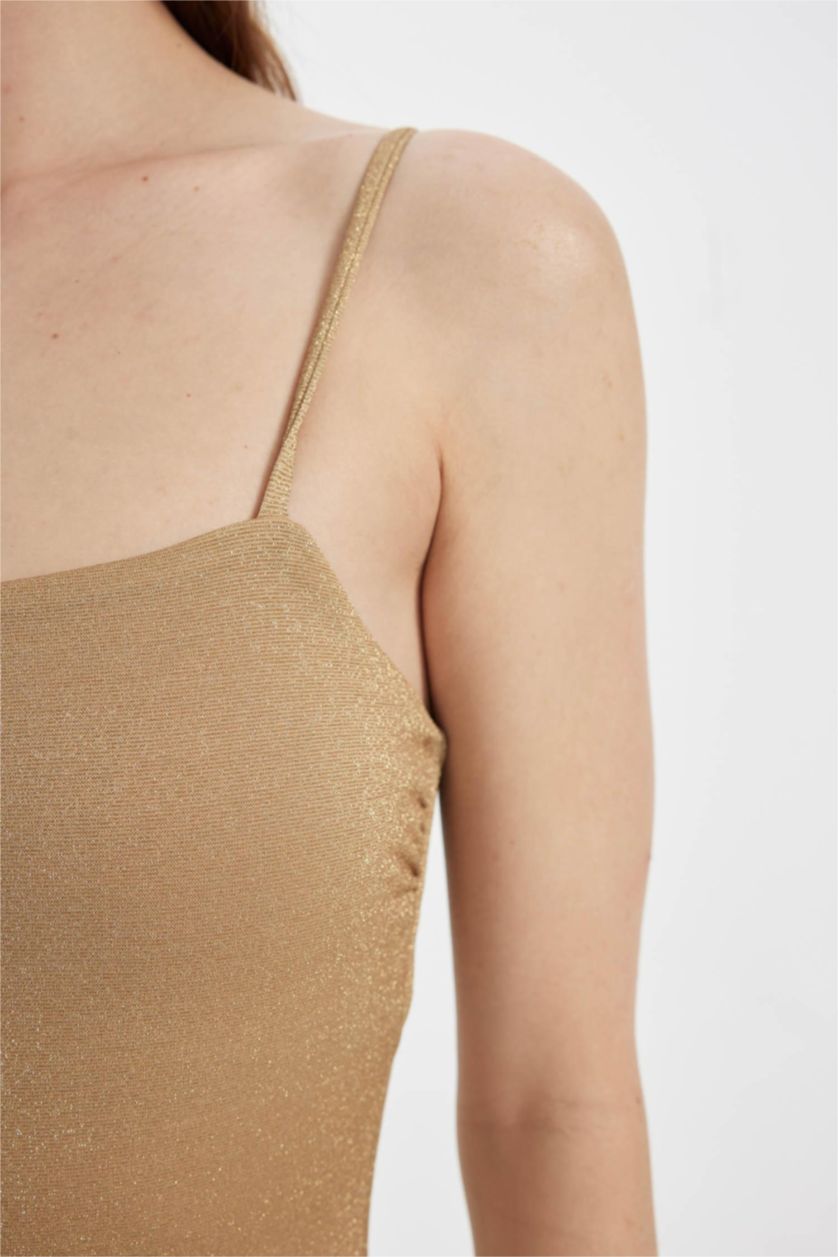 Kadın Sarı Regular Fit Simli Kumaş İnce Askılı Mayo-Fall in Love