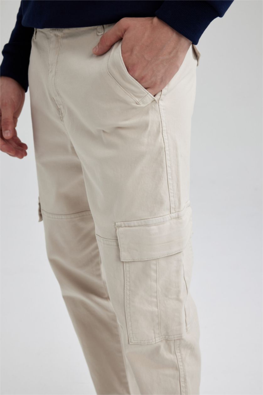 Erkek Kum Relax Fıt Kargo Cepli Düz Paça Gabardin Pantolon
