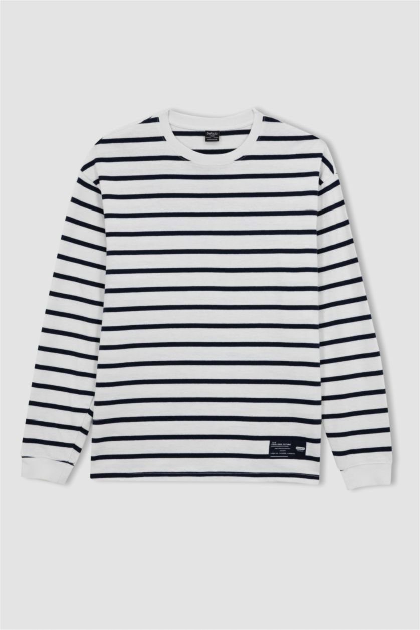 رجال بيج فاتح سويت شيرت مخطط قصة مريحة بياقة مستديرة