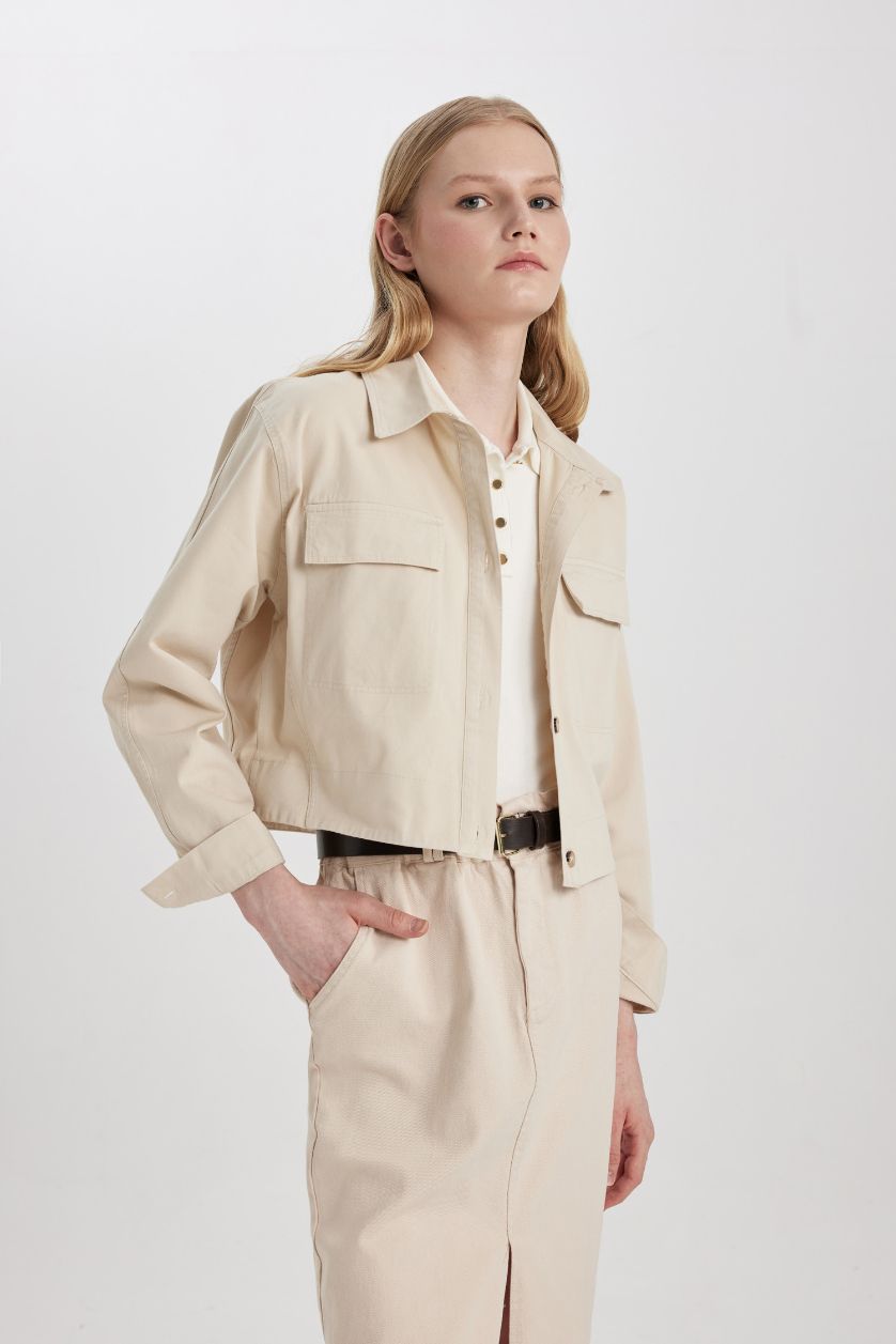 Woman Beige Regular Fit Shirt Collar Gabardine Long Sleeve Shirt