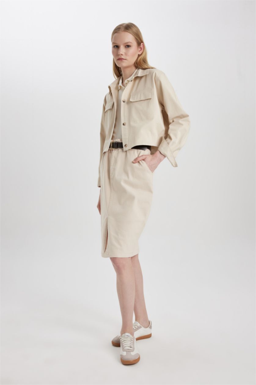 Woman Beige Regular Fit Shirt Collar Gabardine Long Sleeve Shirt