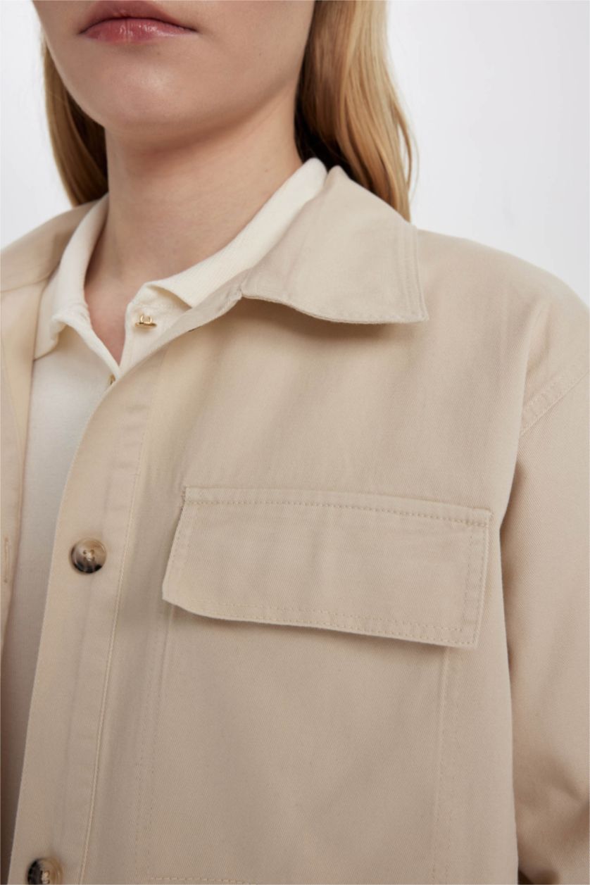 Woman Beige Regular Fit Shirt Collar Gabardine Long Sleeve Shirt