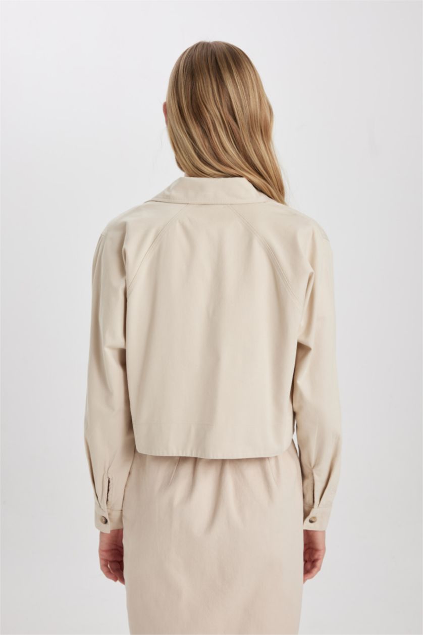 Woman Beige Regular Fit Shirt Collar Gabardine Long Sleeve Shirt