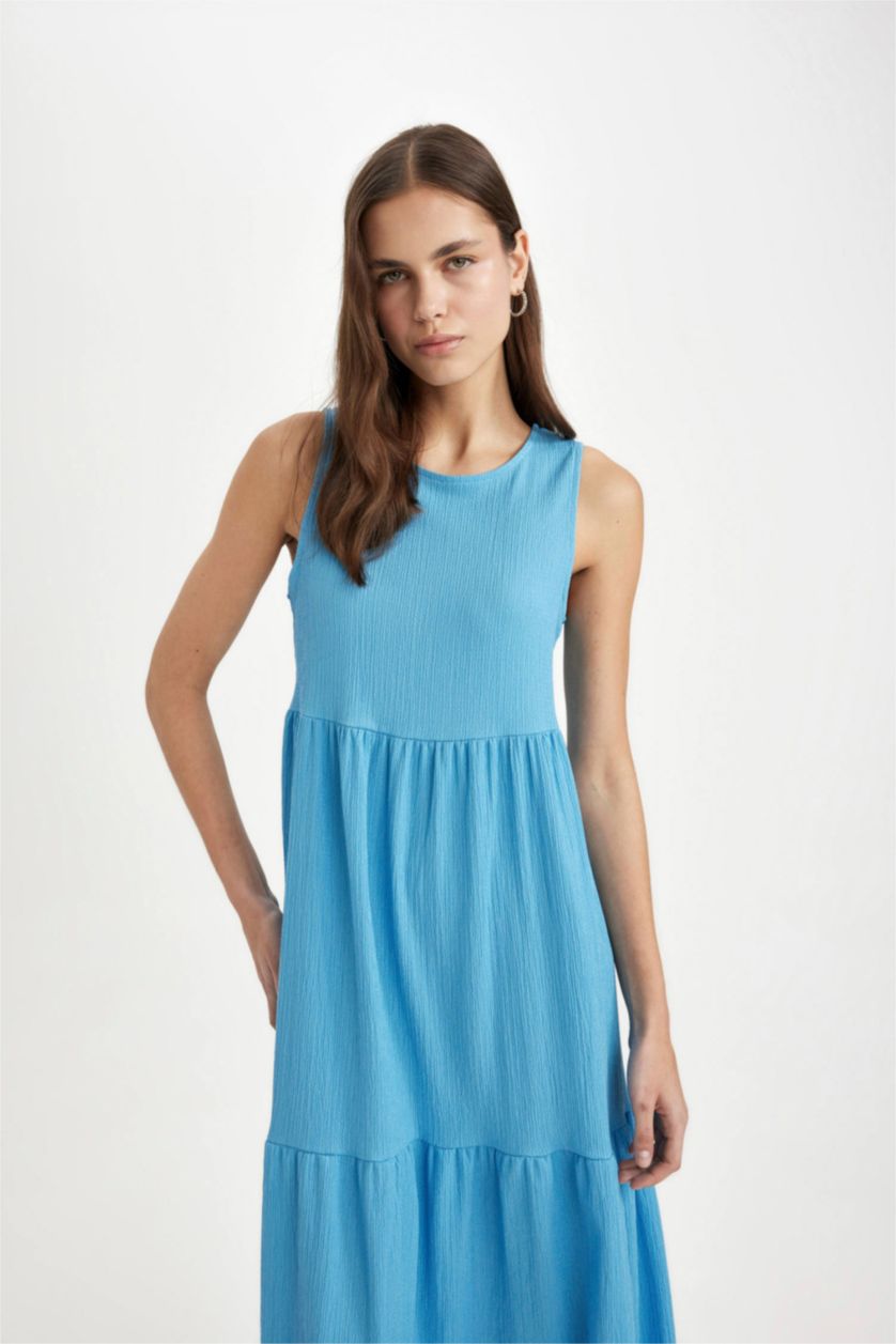 نساء أزرق فستان ميدي منسوج بياخة مستديرة بدون ردن
