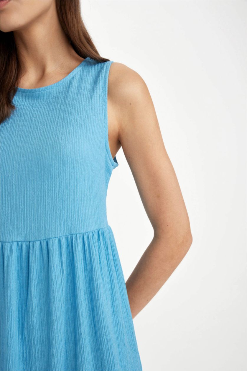 نساء أزرق فستان ميدي منسوج بياخة مستديرة بدون ردن