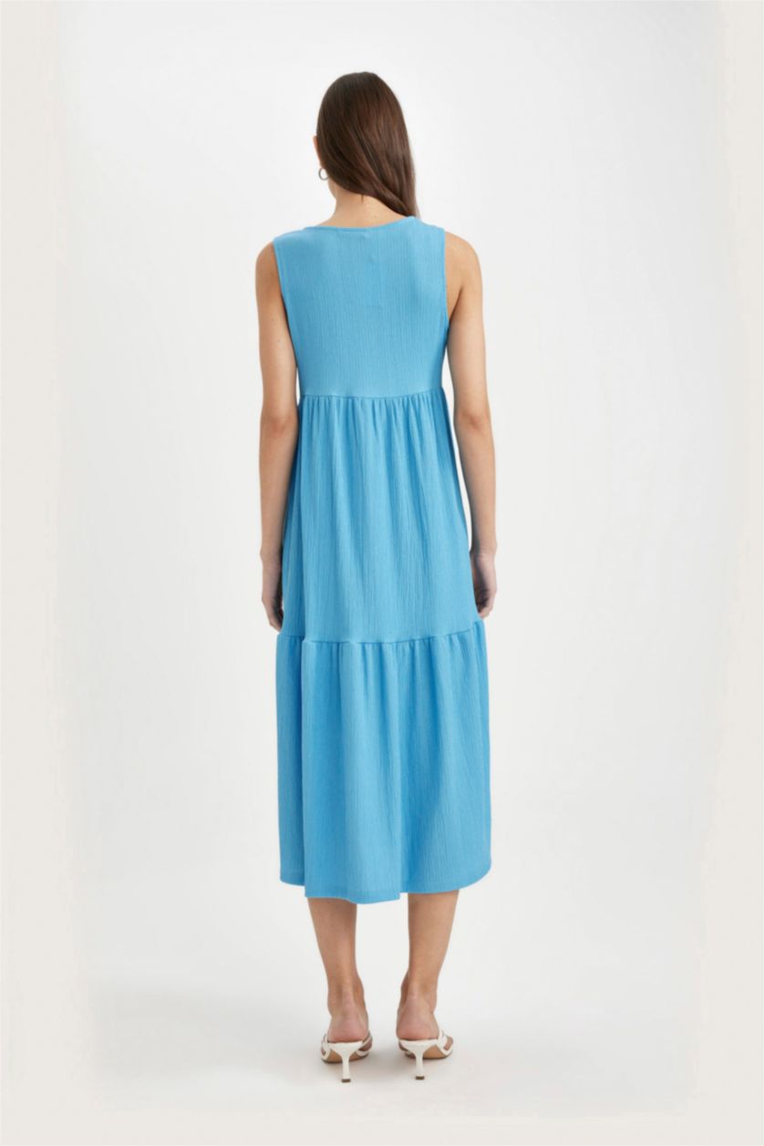 نساء أزرق فستان ميدي منسوج بياخة مستديرة بدون ردن